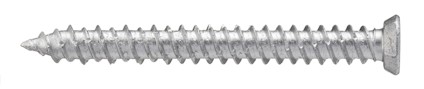 Metallisk försänkt skruv med grov gänga och spetsig ände.