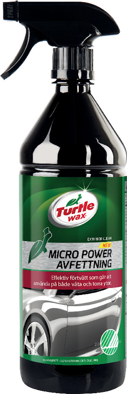 Svart sprayflaska med grön etikett märkt "Turtle Wax Micro Power Avfettning".