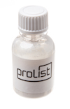 Genomskinlig flaska med vitt lock och etikett med texten "prolist".