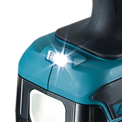 Sladdlös elverktygsdel av fogpistol med lysande LED-lampa på ovansidan, omgiven av svart och turkos hölje.