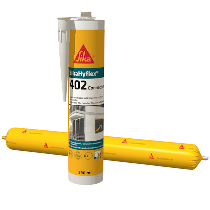 Sikahyflex 402-connector, gul och vit tub med röd företagslogotyp och text.