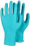 Två turkosa engångshandskar i latex, stående och liggande, mot vit bakgrund.