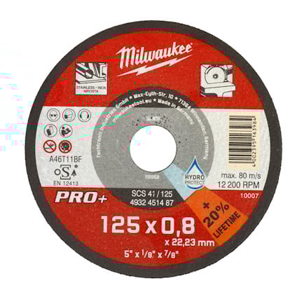 Rund kapskiva med röd etikett, märkning "Milwaukee", specifikationer 125x0,8 mm, 22,23 mm.