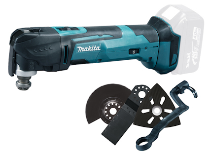 Multiverktyg i blått och svart med tillbehör som tre olika klingor och en krok. Text på verktyget: "Makita 18V LXT".