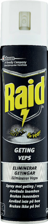 Sprayburk med svart och vit etikett, text "Raid" och illustration av getingar. Text på flera språk om användning.