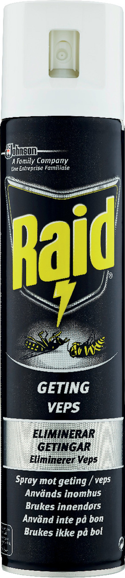 Sprayburk med svart och vit etikett, text "Raid" och illustration av getingar. Text på flera språk om användning.