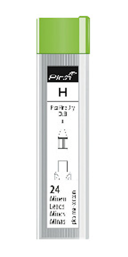 Transparent behållare med grönt lock innehållande 0,9 mm spetsar, med texten "Pica Fine Dry 0.9" och "24 Minen Leads Mines Minas".