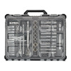 Verktygssats med spärrelement i plastlåda med transparent lock och texten "Milwaukee PACKOUT".
