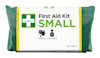 Grön och vit förpackning med texten "Cederroth First Aid Kit SMALL", bilder på ett plåster och en person. Ref 390100.