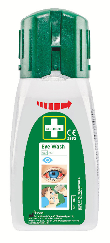 Ögonduschflaska med grön kork och etikett med instruktioner, illustrerat öga och Cederroth-logotyp.