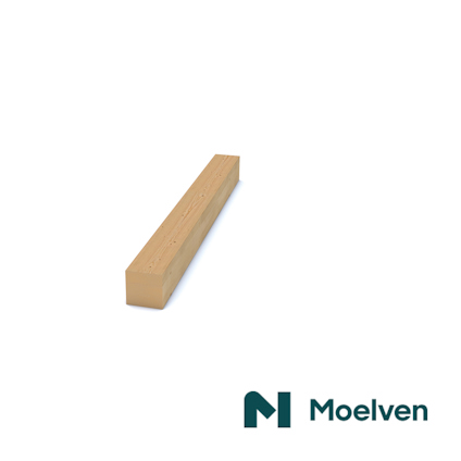 En ljusbrun limträpelare med jämn yta, placerad diagonalt mot en vit bakgrund. Texten "Moelven" syns i nedre högra hörnet.