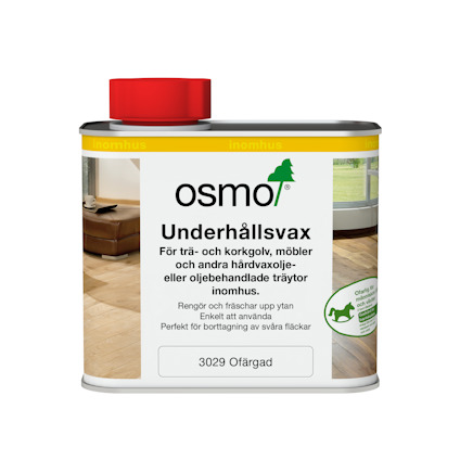 Rektangulär plåtflaska med röd plastkork innehållande Osmo underhållsvax, ofärgad,och etikett med användningsbeskrivning.