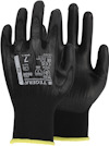 Två svarta skyddshandskar med gummerad beläggning. Text och symboler synliga på ena handens ovansida.