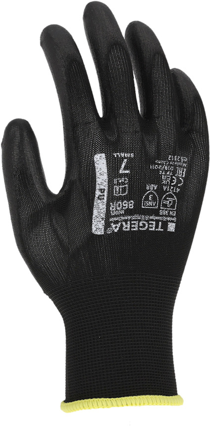 Svart arbetshandske med vit text som beskriver standarder och storlek; gul kant vid handleden.