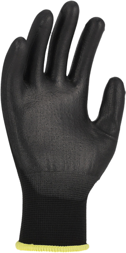 Arbetshandske i svart med gul kant runt handleden.