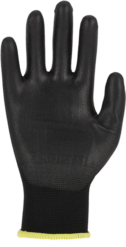 Svart arbetshandske med gul kant vid handleden, sedd rakt framifrån.