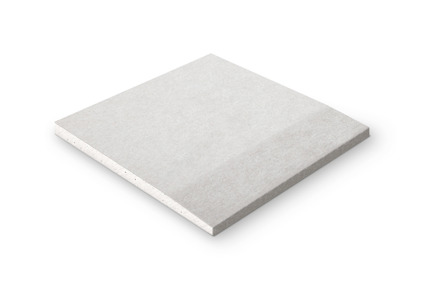 Rektangulär gipsskiva med ljusgrå yta, liggande på en vit bakgrund.