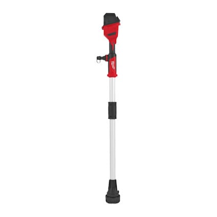 Röd och silverfärgad vattenpump med smal design, justerbar slang och kontrollvred nära toppen.