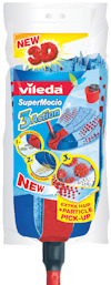 Förpackning av Vileda SuperMocio 3Action mopp med blå och röda detaljer, och text om funktioner som "extra hår + particle pick-up".