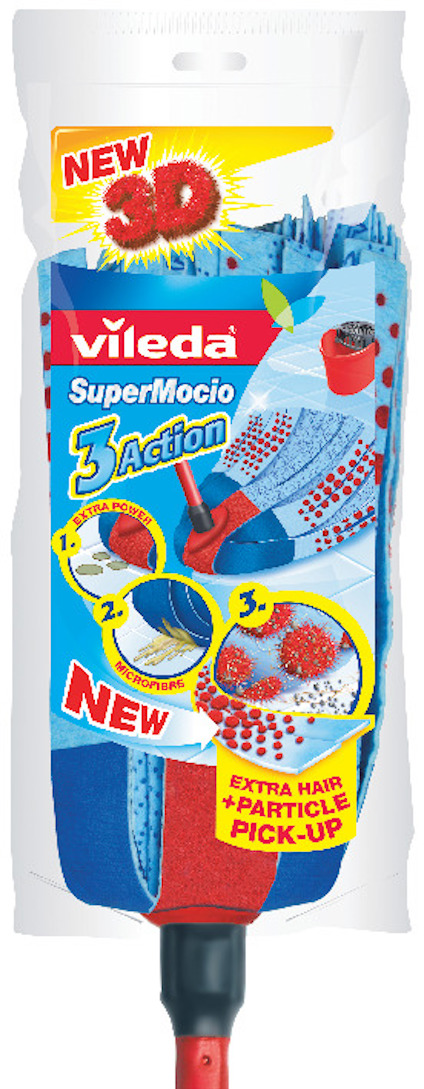 Förpackning av Vileda SuperMocio 3Action mopp med blå och röda detaljer, och text om funktioner som "extra hår + particle pick-up".