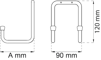 Illustration av två metallbyglar med måtten 120 mm i höjd och 90 mm i bredd.