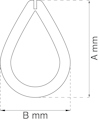 Ritning av droppformad ögla med måttangivelser A mm och B mm.