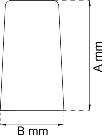 Ritning av en trattformad komponent med höjd "A mm" och bredd "B mm" angivna med pilar.