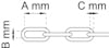 Diagram över en kedja med tre länkar. Måtten A mm, B mm och C mm markerade.