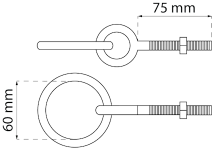 Ritning av metallkrok med måtten 75 mm och 60 mm angivna.