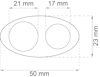 Illustration av en oval med två cirklar inuti, mått 50 mm x 23 mm. Cirklarna har diameter 21 mm och 17 mm.