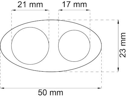 Illustration av en oval med två cirklar inuti, mått 50 mm x 23 mm. Cirklarna har diameter 21 mm och 17 mm.
