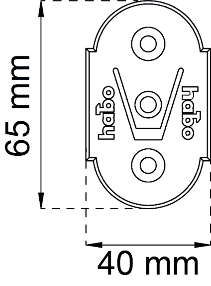 Ritning av oval skylt med måtten 65 mm längd och 40 mm bredd, text "habo" och pilformad detalj i mitten, tre monteringshål.