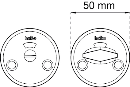 Ritning av ett runt dörrhandtag med texten "habo" och diameter 50 mm, två skruvar och en låsanordning.