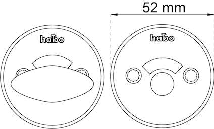 Teckning av två runda låsrosetter med 52 mm måttangivelse och texten "habo".
