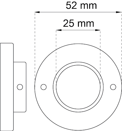 Teknisk ritning av en cirkulär platta med centrumhål, diametrar 52 mm och 25 mm, med sidovy.