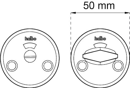 Två cirkulära låscylindrar från Habo, en uppifrån och en i sidovy, med mått 50 mm.