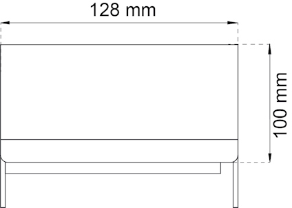 Skiss av en rektangulär låda med dimensionerna 128 mm bredd och 100 mm höjd.