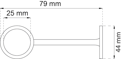 Ritning av en cylinder med platta ändar och en stålstång. Mått: 79 mm längd, 25 mm diameter, 44 mm höjd.