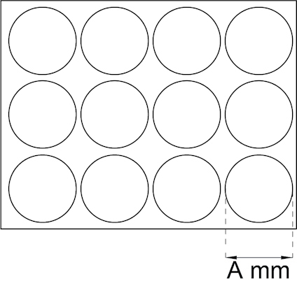 Diagram med 12 cirklar ordnade i tre rader. Text "A mm" med en linje anger en längd.