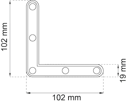 Ritning av en vinkelbeslag med måtten 102 mm x 102 mm x 19 mm.