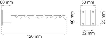 Ritning av ett beslag med måtten 420 mm längd, 60 mm bredd på huvudet, och fästyta 50x55 mm.