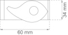 Diagram av ett föremål med måtten 60 mm x 34 mm och en kurvig form med ett cirkulärt hål i mitten.