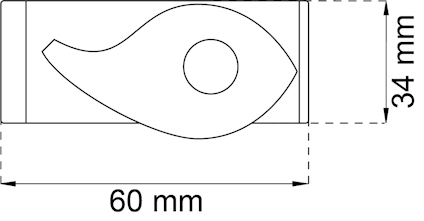 Diagram av ett föremål med måtten 60 mm x 34 mm och en kurvig form med ett cirkulärt hål i mitten.
