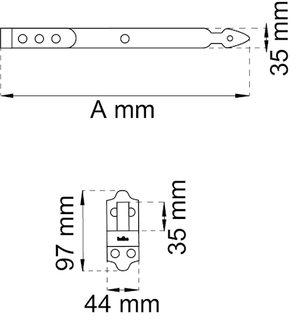 Ritning av metallbeslag med mått: 35 mm, 97 mm och 44 mm, variabeln "A mm".