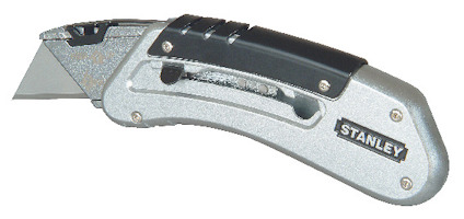 Grå Stanley Quickslide-kniv med ett utfällt trekantigt blad och svart handtagsdetalj.