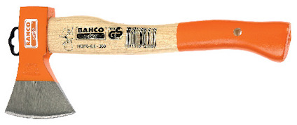 Huggyxa med orange handtag och träskaft. Texten "BAHCO HGPS 0,6-360" syns på skaftet.
