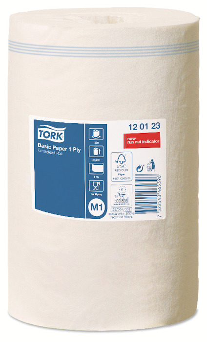 Handtorkrulle av papper, ljus färg, med en etikett som visar "Tork", "Basic Paper 1 Ply", "M1", och olika symboler.