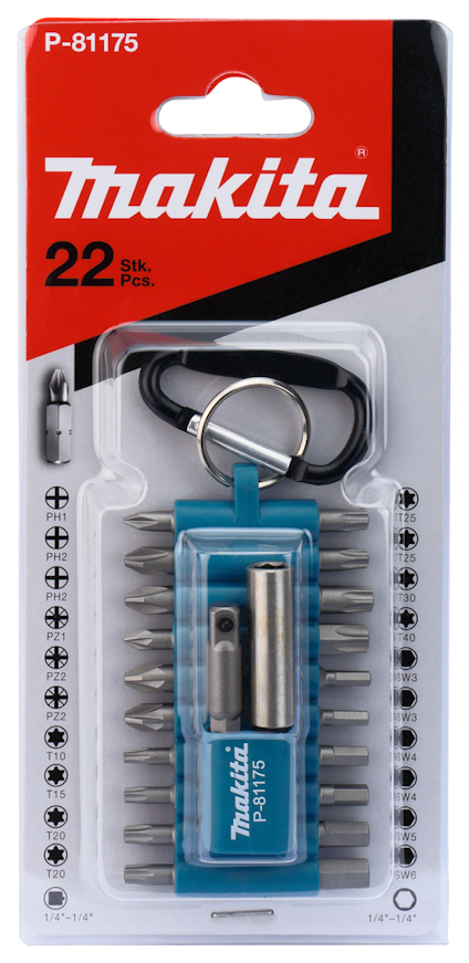Förpackning innehållande 22 Makita bits och bitshållare i blått med nyckelring.
