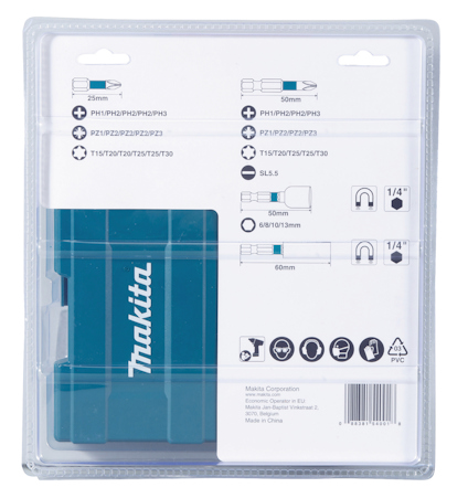 Makita borrbitsset förpackning med olika bitsstorlekar och specifikationer. Genomskinlig plastförpackning.
