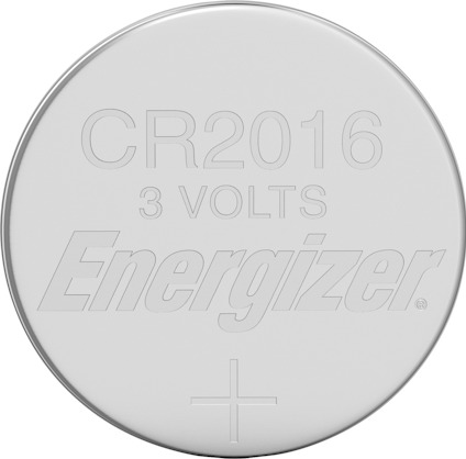 Silverfärgat runt litiumbatteri med texten "CR2016 3 VOLTS Energizer" och ett plustecken.
